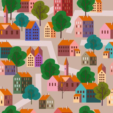 Old city seamless pattern, minimal flat style. Autumn landscape city architecture. Wrapping paper, wallpaper background