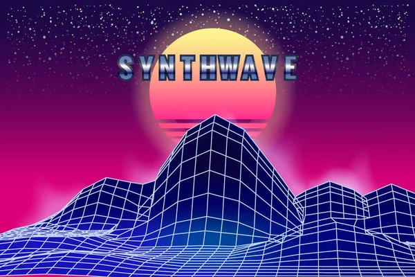 Synthwave Retro Banner Vaporwave Aesthetic Background Mountains Landscape Grid Sunset — 스톡 벡터