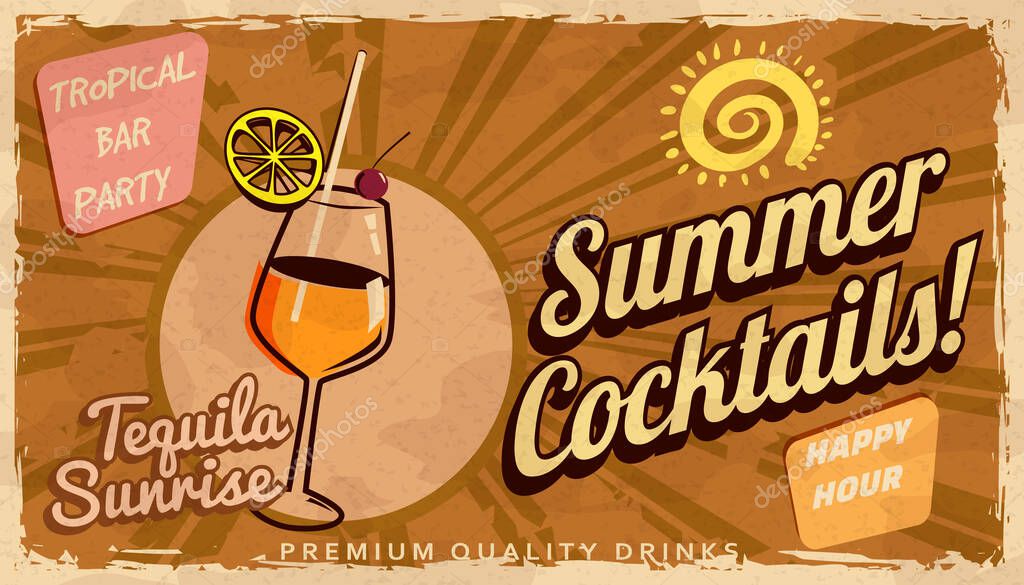 Summer Tequila Sunrise Cocktail Retro banner. Cocktail lounge vintage background, scratched old textured paper. Vector illustration template