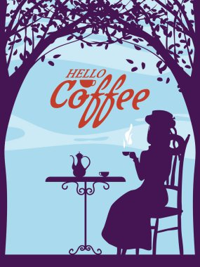 Poster Street Cafe autumn, girl on the chair, outdoor, park, fall mood. Cup, chair, table, kettle retro style vector illustration