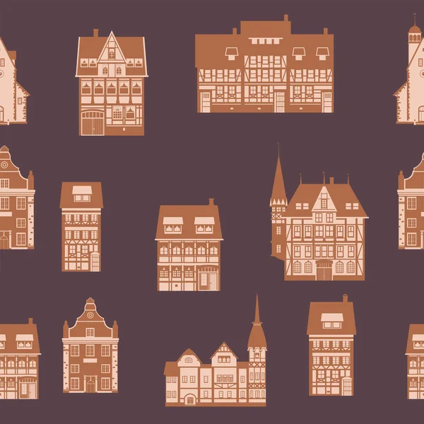 Medieaval Old City Seamless Pattern Flat Style Autumn Landscape City — Vector de stock