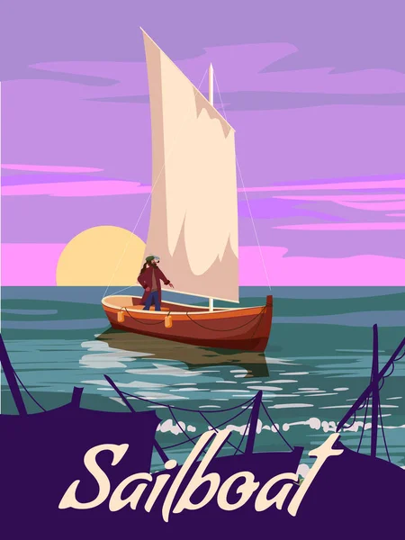 Sailboat Poster Retro Sailing Ship Ocean Sea Severe Captain Rock — Wektor stockowy