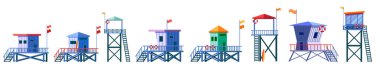 Set of Lifeguard Tower icons. Station beach building illustration style isolated