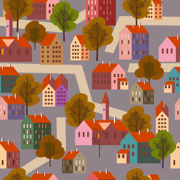 Old city seamless pattern, minimal flat style. Autumn landscape city architecture. Wrapping paper, wallpaper background
