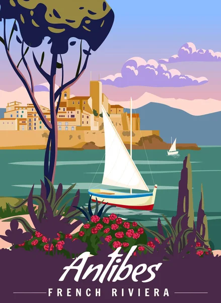 French Riviera Antibes Retro Poster Tropical Coast Scenic View Palm — стоковый вектор