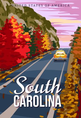 Güney Carolina turistik poster, sonbahar yolu, araba. Retro illüstrasyon, sonbahar mevsimi vektörü
