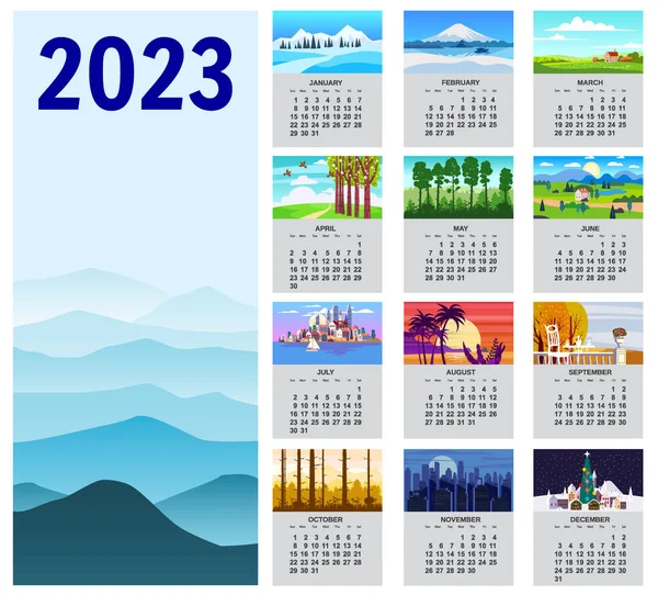 2023 Календарний Ландшафтний Фон Чотирьох Сезонів Зима Чудес Світанок Спекотний — стоковий вектор