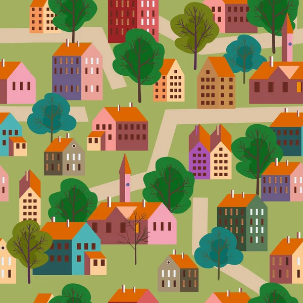 Seamless pattern old city, minimal flat style. Autumn landscape city architecture. Wrapping paper, wallpaper background
