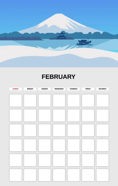 Februar Kalenderplaner Monat Minimalistische Gebirgsschneegipfel Landschaft Natürliche Hintergründe Winter Monatliche — Stockvektor