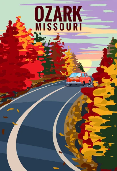 Ozark Missouri Viaje Cartel Vendimia Camino Otoño Coche Ilustración Retro — Vector de stock