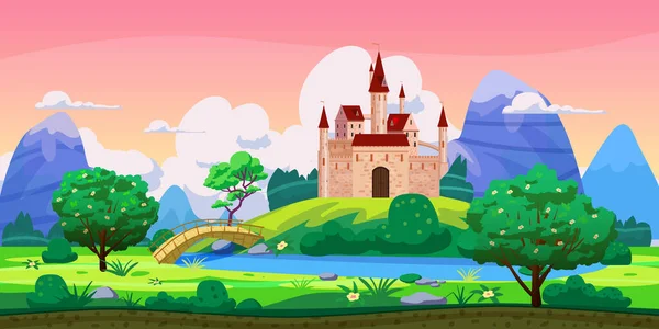幻想童话城堡景观 游戏的矢量卡通人物背景说明 — 图库矢量图片