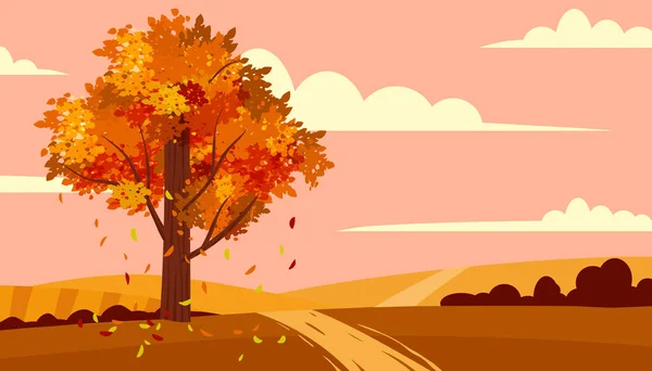 Paisaje Otoñal Paisaje Carretera Bandera Del Árbol Campos Vista Otoño — Archivo Imágenes Vectoriales