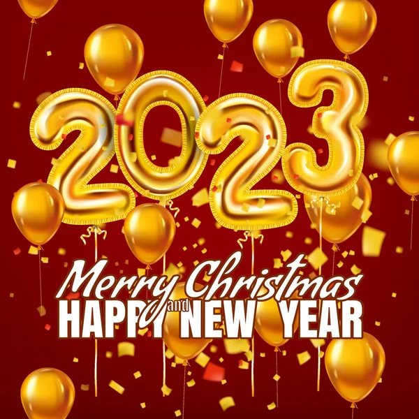 2023 Globos Dorados Feliz Navidad Feliz Año Nuevo 2023 Banner — Vector de stock