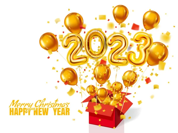 2023メリークリスマス新年の現実的な黄金の装飾気球 ゴールド箔番号3Dハッピー新年 オープンギフトボックス ベクターのお祝いポスター バナーカバーカード チラシ デザインイラスト — ストックベクタ