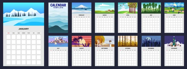 Template Calendar Landschaft Natürliche Hintergründe Planer Von Vier Jahreszeiten Winterwunderland — Stockvektor
