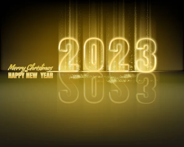 Vrolijk Kerstfeest Gelukkig Nieuwjaar 2023 Gouden Lichten Stofdecoratie Gouden Magische — Stockvector