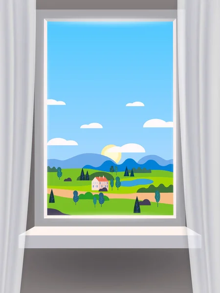 Fensterblick Innenraum Bauernhof Ländliche Landschaft Ländliche Natur Vektor Illustrationsvorlage Isoliert — Stockvektor