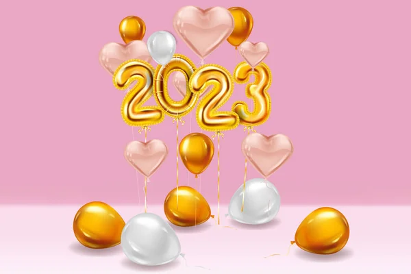 Pembe kalp balonları Mutlu yıllar 2023, Altın folyo numaraları, beyaz altın balonlar afişi. Vektör gerçekçi üç boyutlu illüstrasyon izole edildi