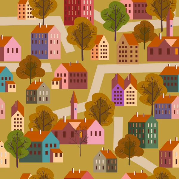 Seamless Pattern Old City Minimal Flat Style Autumn Landscape City — Stock Vector