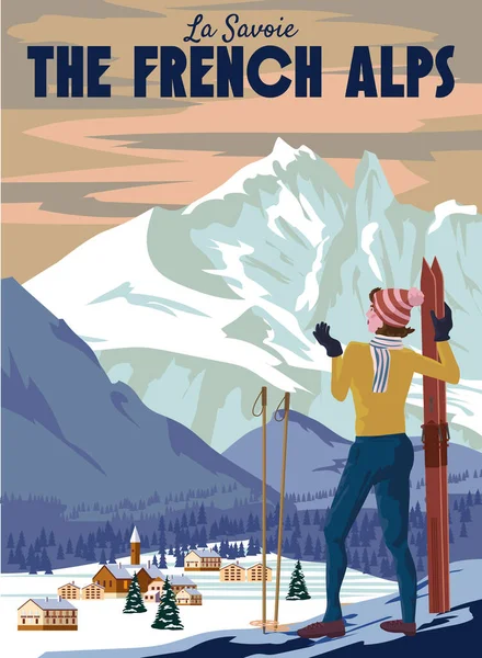 Fransız Alpleri Kayak Tesisi posteri, retro. Mont Blanc Winter seyahat kartı, kayaklı kız, dağ köyünün klasik manzarası. Vektör illüstrasyonu