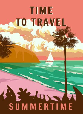 Retro Poster Zaman Yolculuğu. Tropik sahil plajı, yelkenli, palmiye, sörf, okyanus. Yaz tatili. Vektör illüstrasyon klasiği