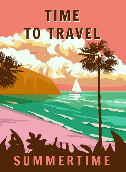 Affiche Rétro Temps Voyager Plage Côte Tropicale Voilier Palmier Surf — Image vectorielle