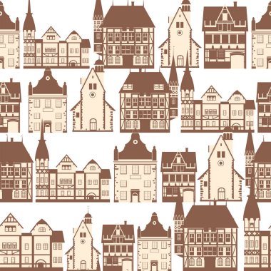 Medieaval Old city seamless pattern, flat style. Autumn landscape city architecture. Wrapping paper, wallpaper background