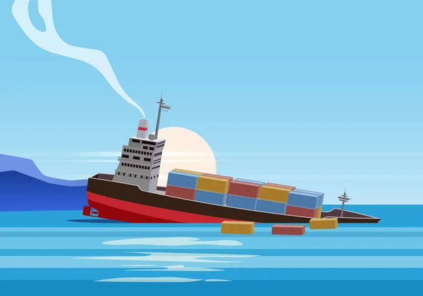 Shipwreck of cargo ship in ocean, vessel going under water and goods containers. Marine transport crash, cartoon vector illustration