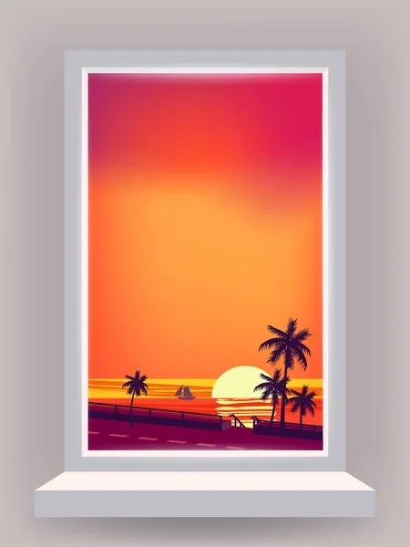 Интерьер Окна Минимальный Тропический Пейзаж Пальмы Закат Облако Пляж Море — стоковый вектор