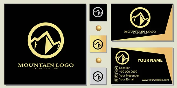 Lujo Oro Círculo Montaña Logo Premium Plantilla Con Tarjeta Visita — Vector de stock