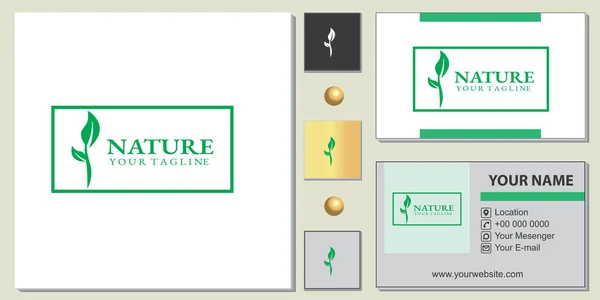 Verde Naturaleza Logo Premium Plantilla Con Tarjeta Visita Elegante Vector — Vector de stock