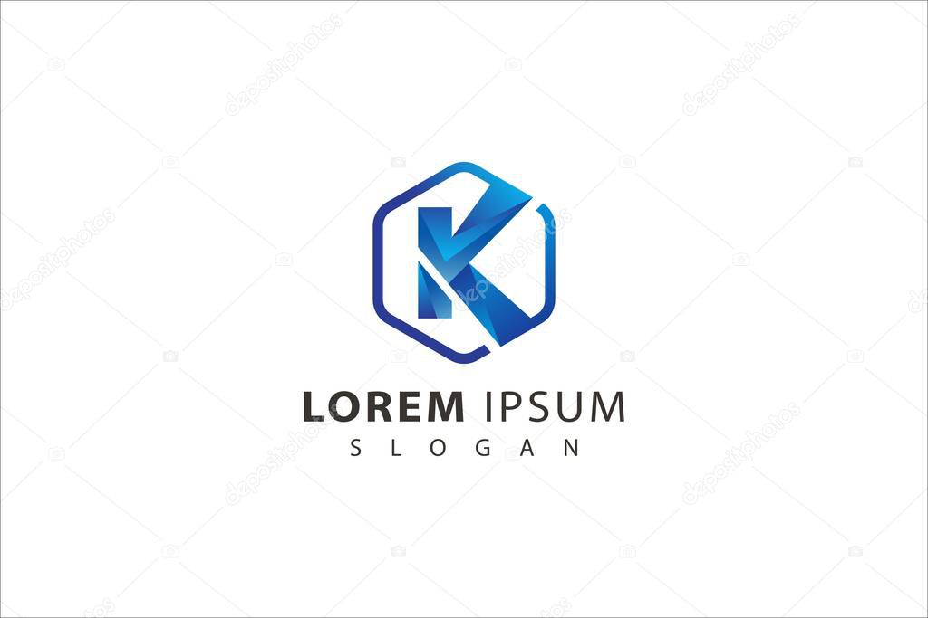 Letter K creative 3d blue color modern technological hexagonal business logo