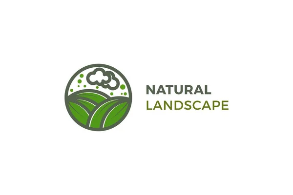 Natürliche Grüne Blatt Mit Wolke Und Ackerland Ansicht Logo — Stockvektor