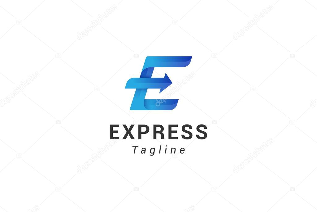 Letter E creative 3d blue colour arrow technological express logo