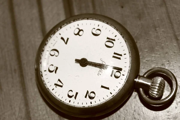 Monochrome Picture Old Fashioned Pocket Watch Wooden Background — Fotografia de Stock