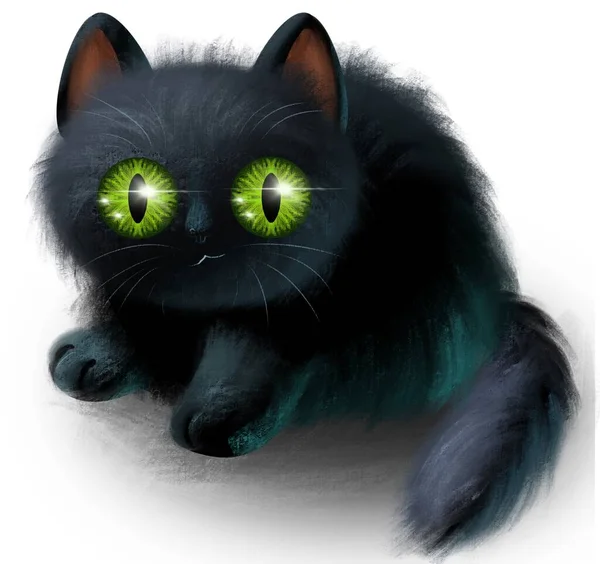 Ilustración Gato Negro Esponjoso Con Grandes Ojos Verdes —  Fotos de Stock