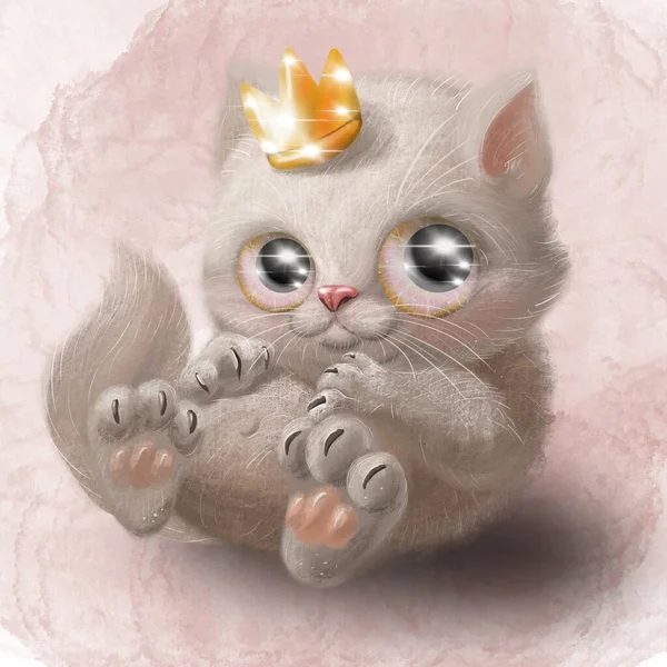 Fluffig Vit Katt Ligger Rygg Med Krona Huvudet Ljusrosa Akvarell — Stockfoto