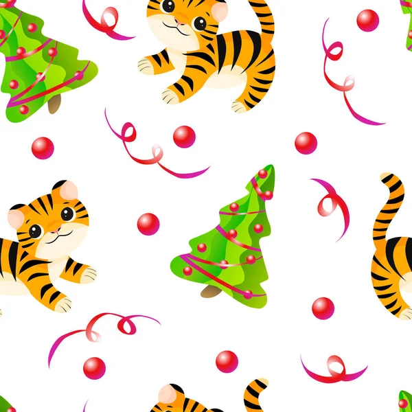 Новорічні Свята Векторний Візерунок Тигровими Дитинчатами Ялинками Різдвяними Кульками Стрічками — стоковий вектор
