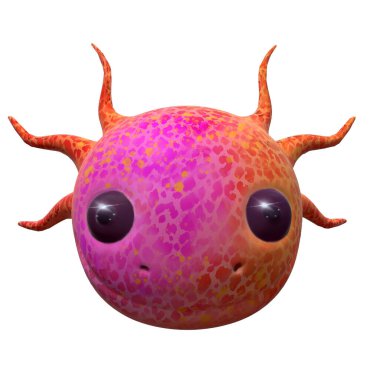 Axolotl 'un pembe-turuncu kafasının izole edilmiş beyaz arka planda 3 boyutlu görüntülenmesi.