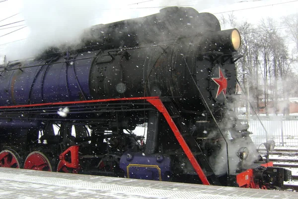 Locomotora Vapor Negro Invierno — Foto de Stock