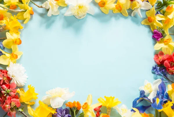 Copmosición Floral Primavera Sobre Fondo Azul — Foto de Stock