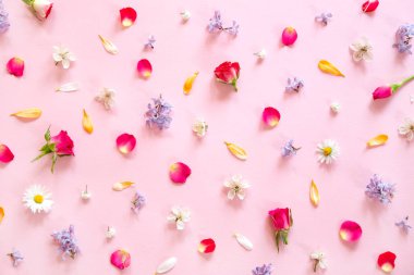 Pembe arka planda bahar çiçekleri deseni