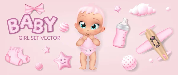 El yapımı bebek seti. Pembe arka planda izole edilmiş çizgi film bebeği, kurdele yayı beslenme şişesi, patiler, oyuncak uçak, süs topları, bulut gerçekçi vektör çizimi