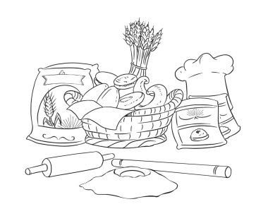 Un çuvalı buğday filizi yumurta sepeti kabartma tozu şapka hamuru roller ekmek çeşitleri kruvasan çizim vektörü