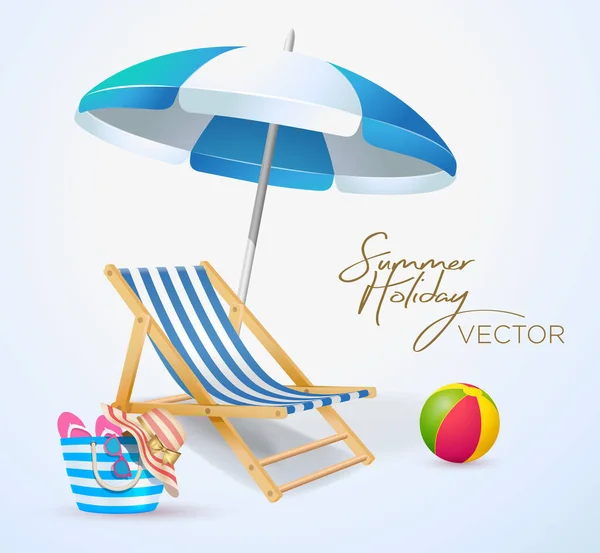 Yaz tatili temalı güneş yatağı plaj topu çantalı şapka gözlükleri şemsiye illüstratör vektörü