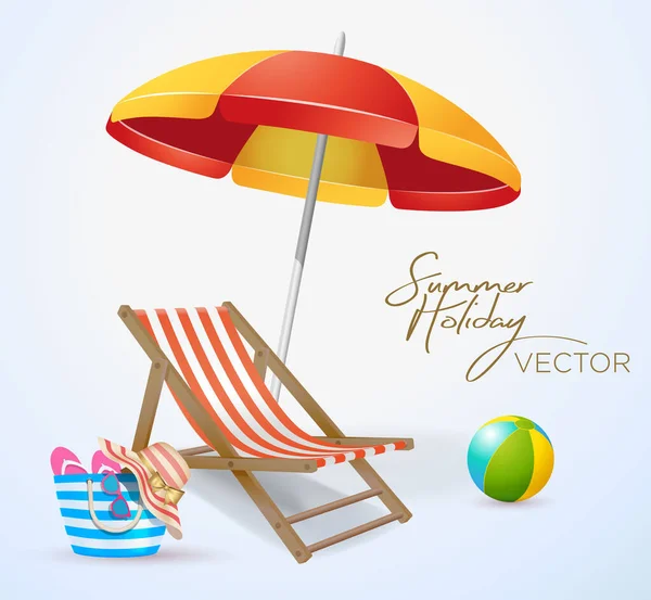 Yaz tatili temalı güneş yatağı plaj topu çantalı şapka gözlükleri şemsiye illüstratör vektörü