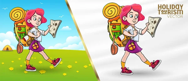 Sırt çantasıyla yürüyen ve harita okuyan bir kız. Kamp gezisi çadırı, gökyüzü çimi çiçek vektörü.