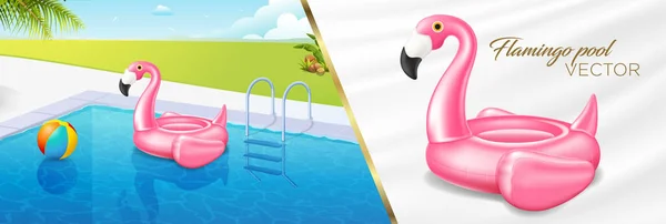 Vektör gerçekçi 3D pembe flamingo, havuz, plaj topu, tropikal kuş şekli şişirilebilir havuz halkası, tüp, yüzme. Yaz tatili lastik nesne, seyahat, sahil okyanusu illüstrasyonu