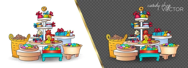 Şeker standı, renkli şekerler, oyuncak ayı, şeker kutusu, şeker sepeti, şeker torbası