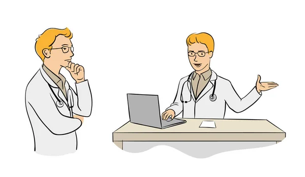 Doktor ve doktorun masada dizüstü bilgisayar kullanması.
